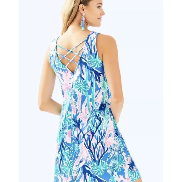 EUC Lilly Pulitzer Kristen Swing Dress Multi Jet Stream Lattice Blue Pink - L - Picture 3 of 12